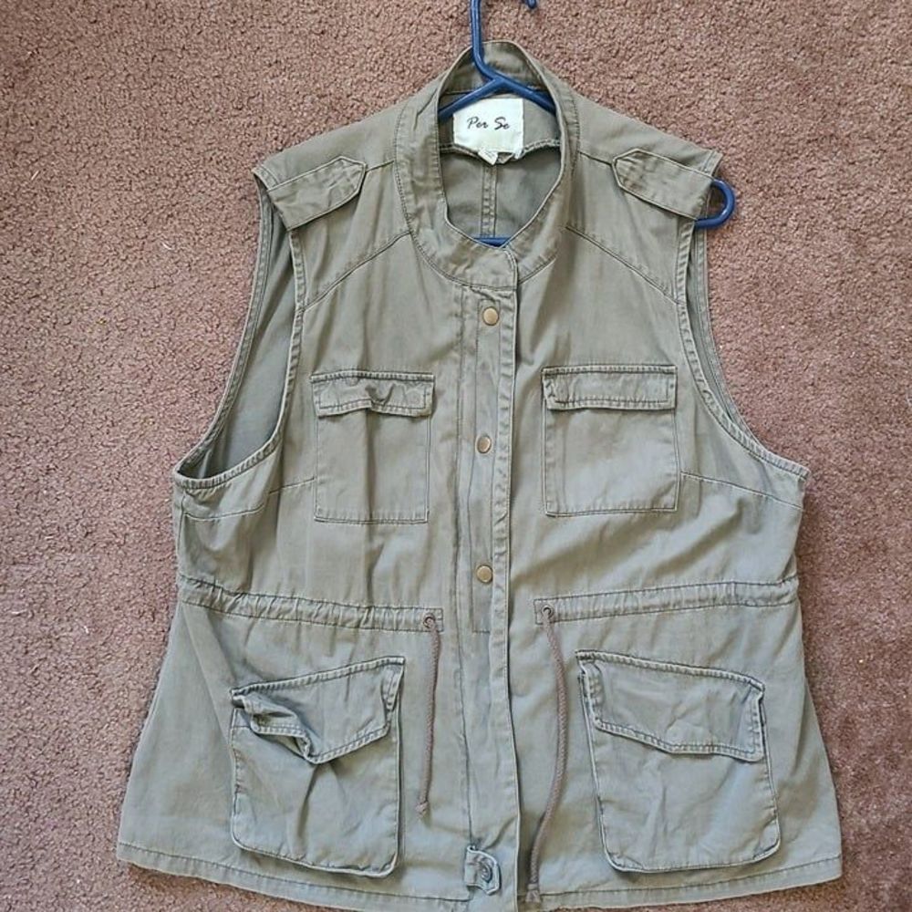 Per Se Women's Utility Vest Green Sleeveless Multi-Pocket Drawstring Cotton